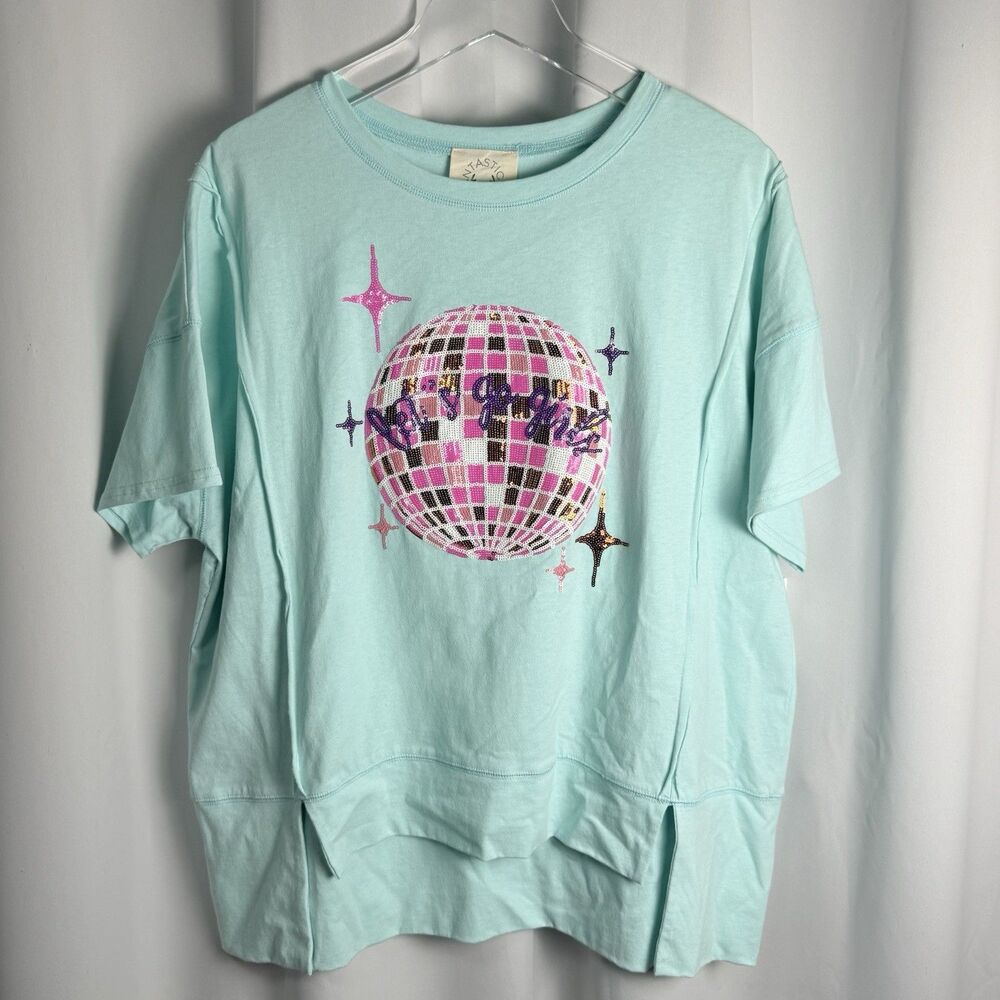 Fantastic Fawn LETS GO GIRLS Sequin Disco Ball Oversized Top Mint Green Sz S New